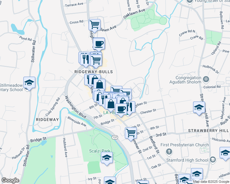 map of restaurants, bars, coffee shops, grocery stores, and more near 2510 Bedford Street in Stamford