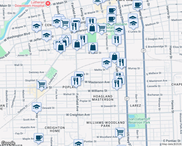 map of restaurants, bars, coffee shops, grocery stores, and more near 357 Melita Street in Fort Wayne
