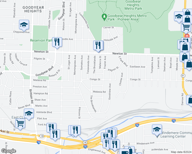 map of restaurants, bars, coffee shops, grocery stores, and more near 275 The Brooklands Street in Akron