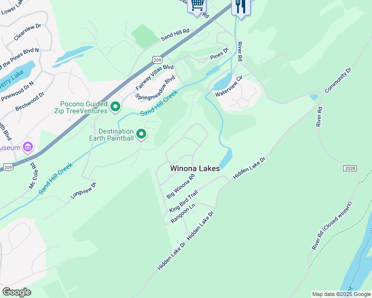 map of restaurants, bars, coffee shops, grocery stores, and more near 2169 Woodchuck Lane in East Stroudsburg