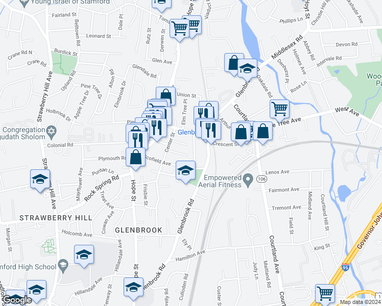map of restaurants, bars, coffee shops, grocery stores, and more near 25 Center Terrace in Stamford