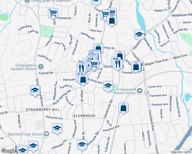 map of restaurants, bars, coffee shops, grocery stores, and more near 21 Rose Street in Stamford