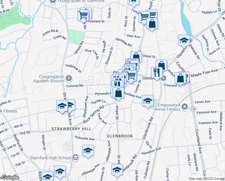 map of restaurants, bars, coffee shops, grocery stores, and more near 44 Colonial Road in Stamford