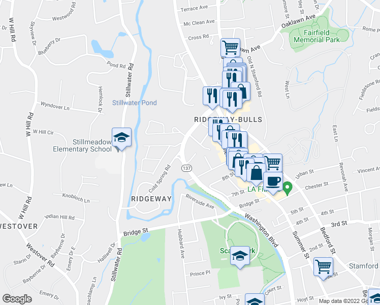 map of restaurants, bars, coffee shops, grocery stores, and more near 96 Cold Spring Road in Stamford