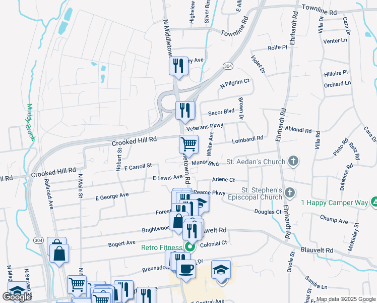map of restaurants, bars, coffee shops, grocery stores, and more near 291 North Middletown Road in Pearl River