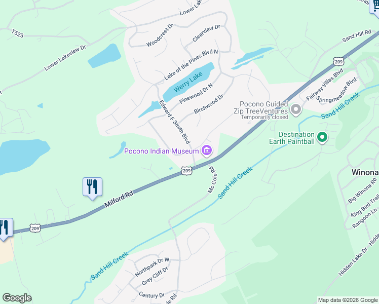 map of restaurants, bars, coffee shops, grocery stores, and more near 7 Pine Ridge Road in East Stroudsburg