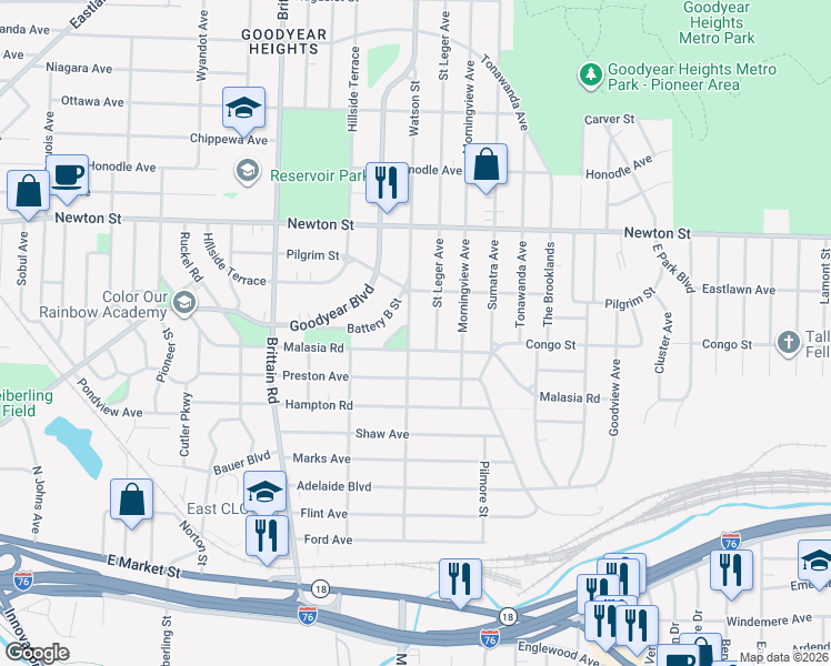map of restaurants, bars, coffee shops, grocery stores, and more near 287 Watson Street in Akron