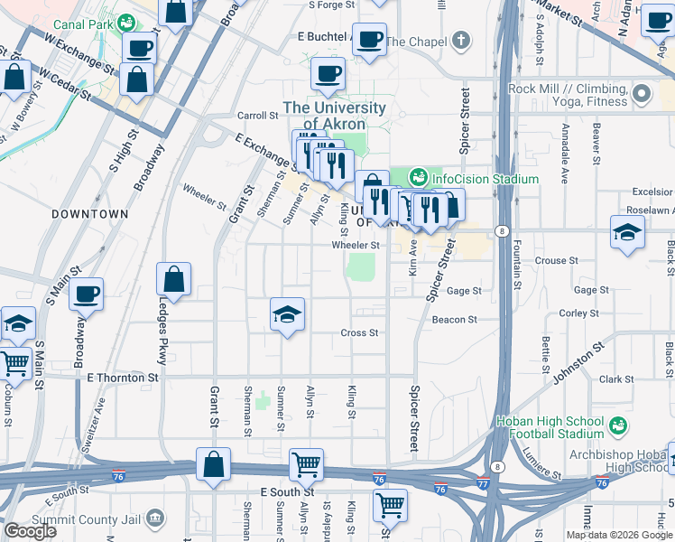 map of restaurants, bars, coffee shops, grocery stores, and more near 290 Wheeler Street in Akron