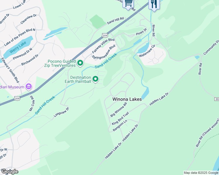 map of restaurants, bars, coffee shops, grocery stores, and more near 2134 Big Winona Road in East Stroudsburg