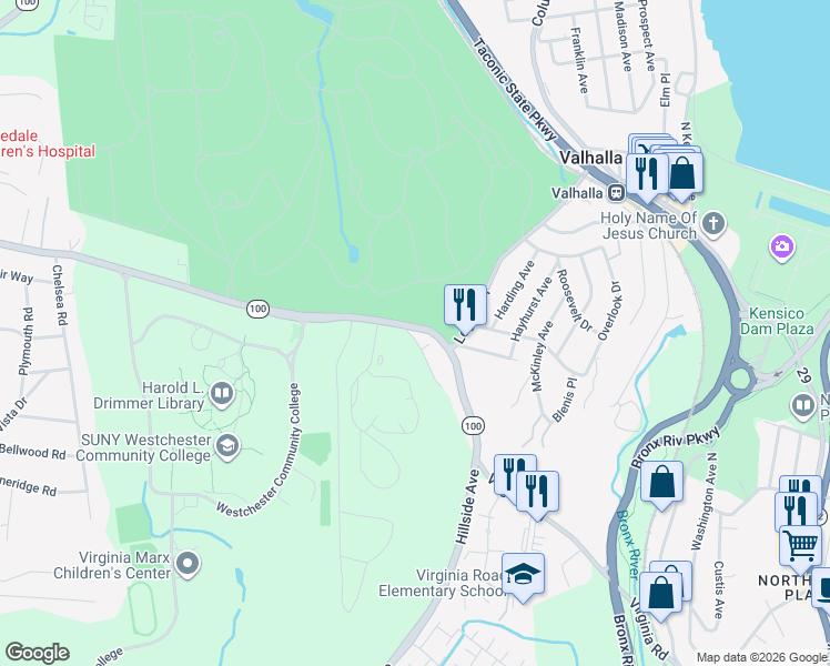 map of restaurants, bars, coffee shops, grocery stores, and more near 2 Stephens Lane in Valhalla