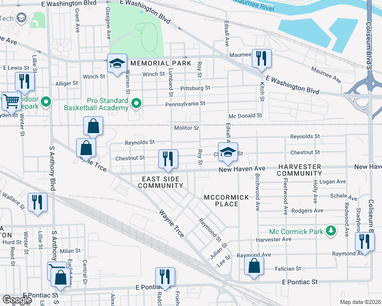 map of restaurants, bars, coffee shops, grocery stores, and more near 2713 Chestnut Street in Fort Wayne