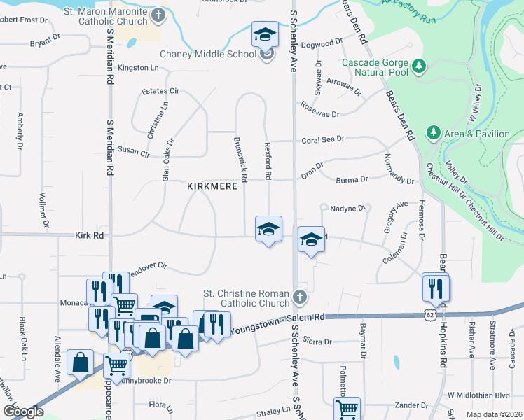 map of restaurants, bars, coffee shops, grocery stores, and more near 2840 Rexford Road in Youngstown