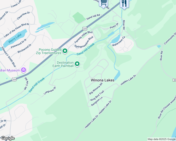 map of restaurants, bars, coffee shops, grocery stores, and more near 2134 Big Winona Road in East Stroudsburg