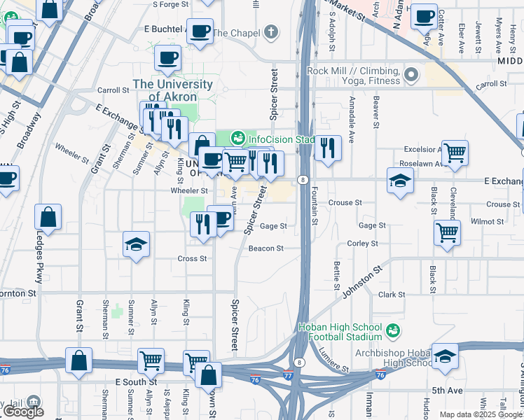map of restaurants, bars, coffee shops, grocery stores, and more near 421 Spicer Street in Akron