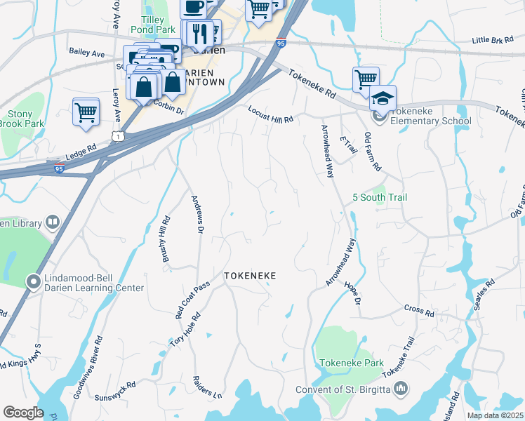 map of restaurants, bars, coffee shops, grocery stores, and more near 45 Cedar Gate Road in Darien