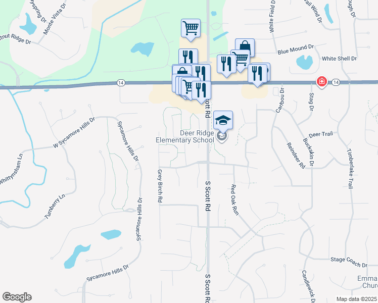 map of restaurants, bars, coffee shops, grocery stores, and more near 1527 Spring Cress Road in Fort Wayne