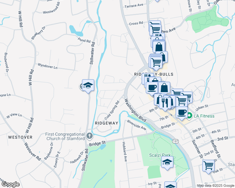 map of restaurants, bars, coffee shops, grocery stores, and more near 10 Reynolds Avenue in Stamford