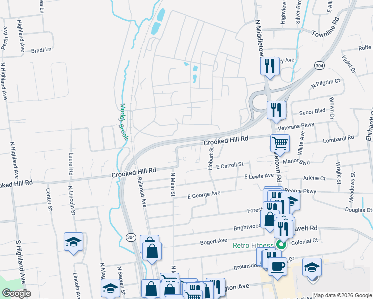 map of restaurants, bars, coffee shops, grocery stores, and more near 20 East Crooked Hill Road in Pearl River