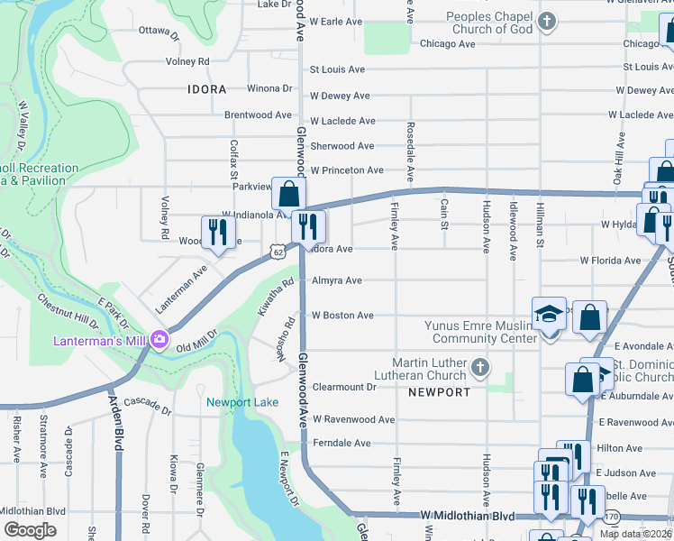 map of restaurants, bars, coffee shops, grocery stores, and more near 570 Almyra Avenue in Youngstown