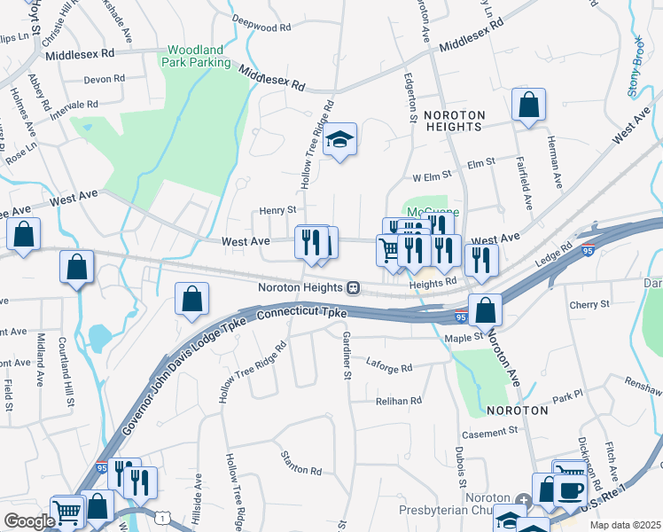 map of restaurants, bars, coffee shops, grocery stores, and more near 314 Heights Road in Darien