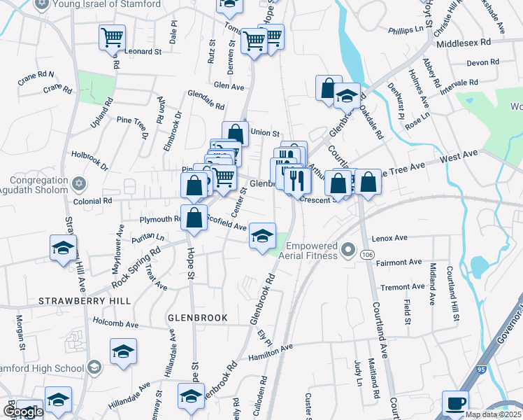 map of restaurants, bars, coffee shops, grocery stores, and more near 25 Center Terrace in Stamford