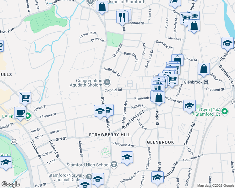 map of restaurants, bars, coffee shops, grocery stores, and more near 144 Colonial Road in Stamford