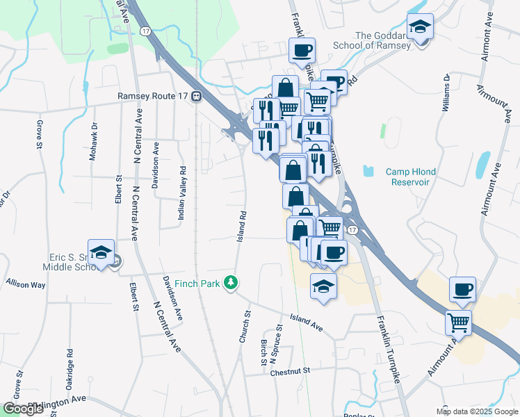 map of restaurants, bars, coffee shops, grocery stores, and more near 1 Regency Park in Ramsey