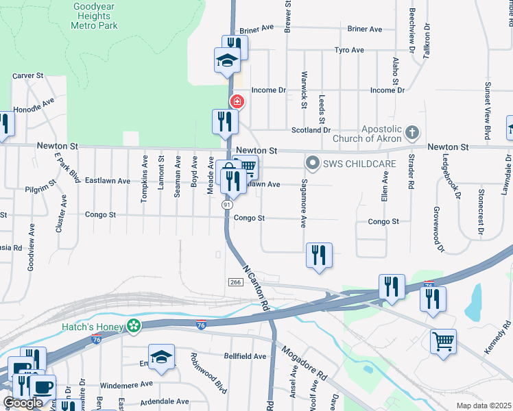map of restaurants, bars, coffee shops, grocery stores, and more near 251 Darrow Road in Akron