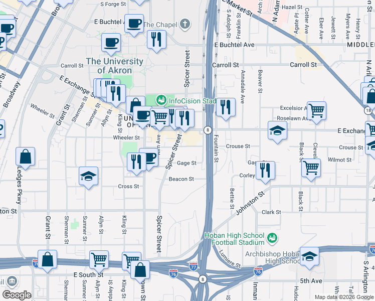 map of restaurants, bars, coffee shops, grocery stores, and more near 504 Crouse Street in Akron