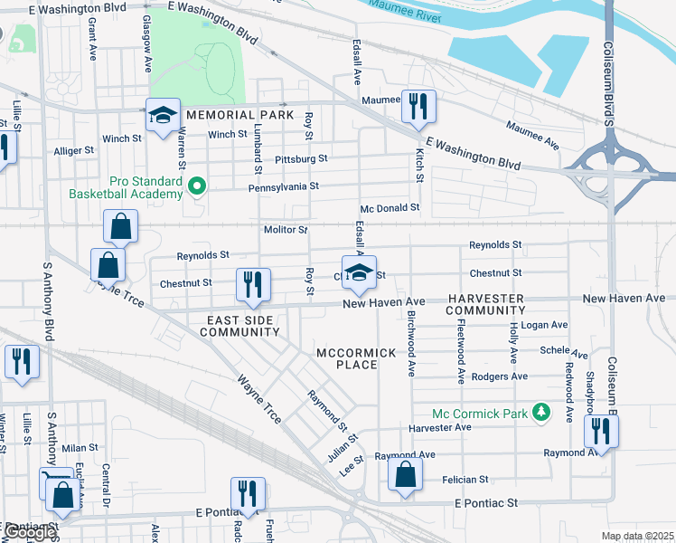 map of restaurants, bars, coffee shops, grocery stores, and more near 2825 Chestnut Street in Fort Wayne