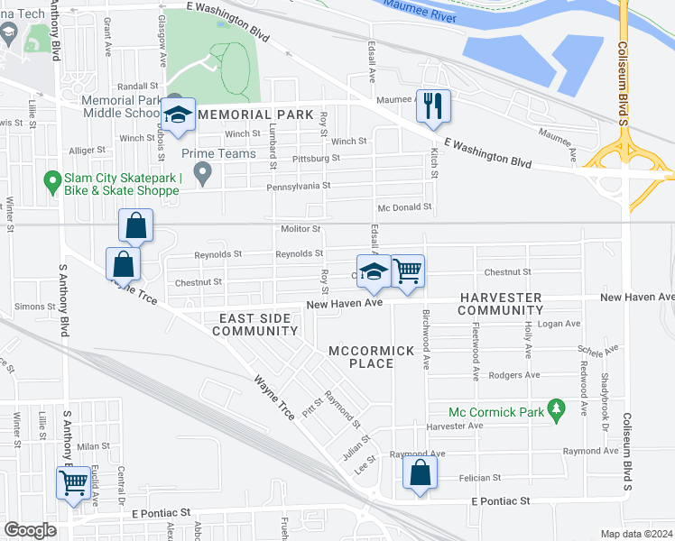 map of restaurants, bars, coffee shops, grocery stores, and more near 2825 Chestnut Street in Fort Wayne
