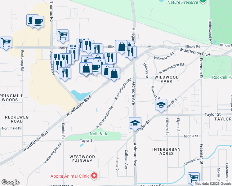 map of restaurants, bars, coffee shops, grocery stores, and more near 3936 North Washington Road in Fort Wayne