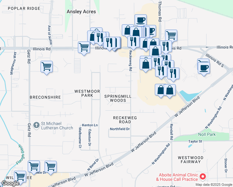 map of restaurants, bars, coffee shops, grocery stores, and more near in Fort Wayne