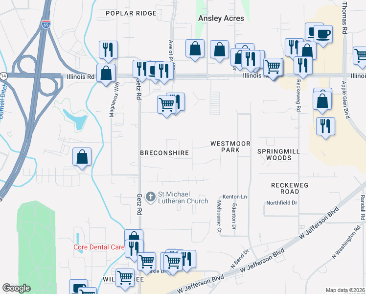 map of restaurants, bars, coffee shops, grocery stores, and more near 1622 Briar Fence Lane in Fort Wayne