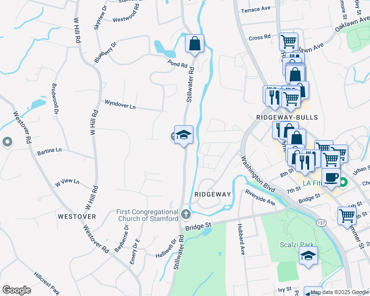 map of restaurants, bars, coffee shops, grocery stores, and more near 800 Stillwater Road in Stamford
