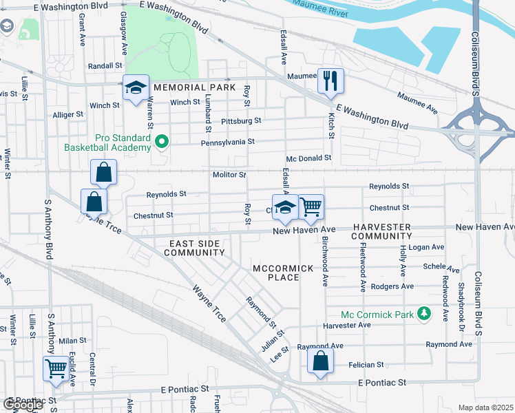 map of restaurants, bars, coffee shops, grocery stores, and more near 2825 Chestnut Street in Fort Wayne