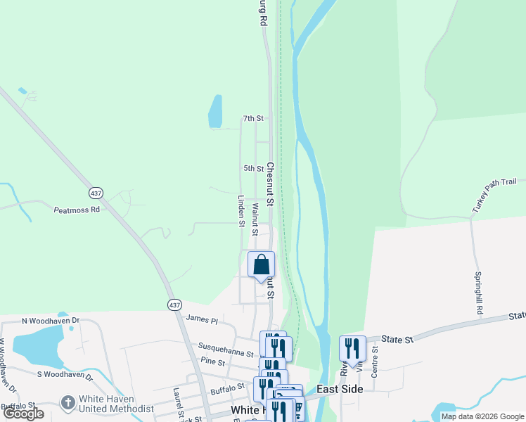 map of restaurants, bars, coffee shops, grocery stores, and more near 55 Chestnut Lane in White Haven