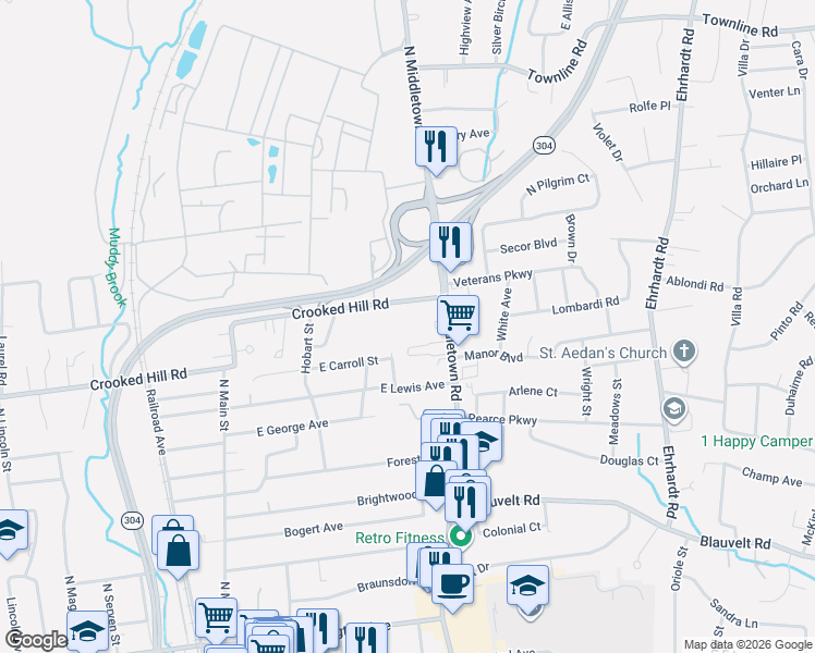 map of restaurants, bars, coffee shops, grocery stores, and more near 564 East Crooked Hill Road in Pearl River