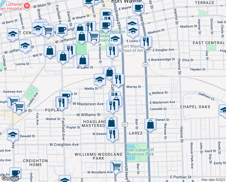 map of restaurants, bars, coffee shops, grocery stores, and more near 1721 South Calhoun Street in Fort Wayne
