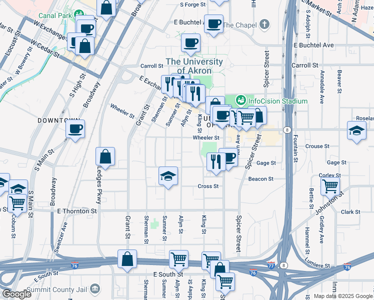 map of restaurants, bars, coffee shops, grocery stores, and more near 311 Sterling Court in Akron