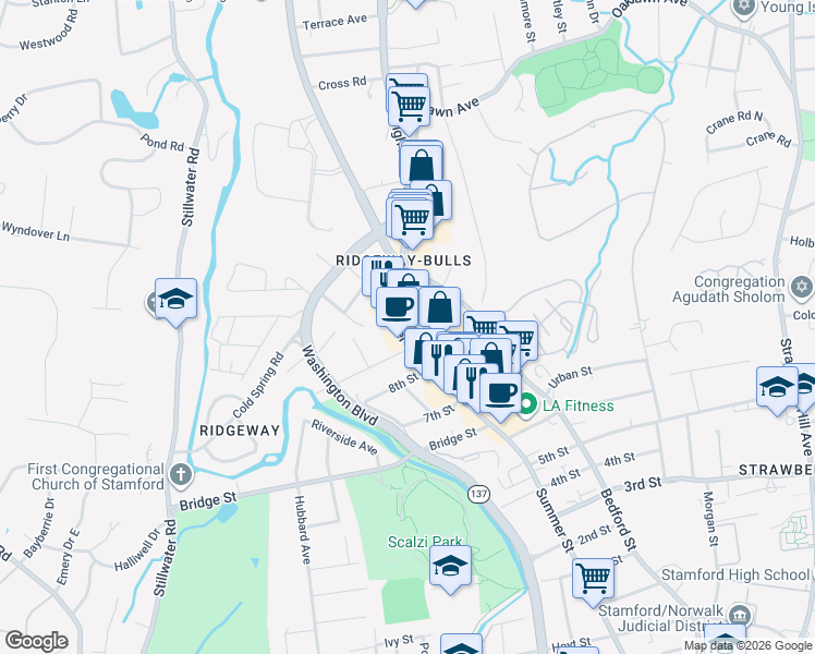 map of restaurants, bars, coffee shops, grocery stores, and more near 2800-2802 Summer Street in Stamford