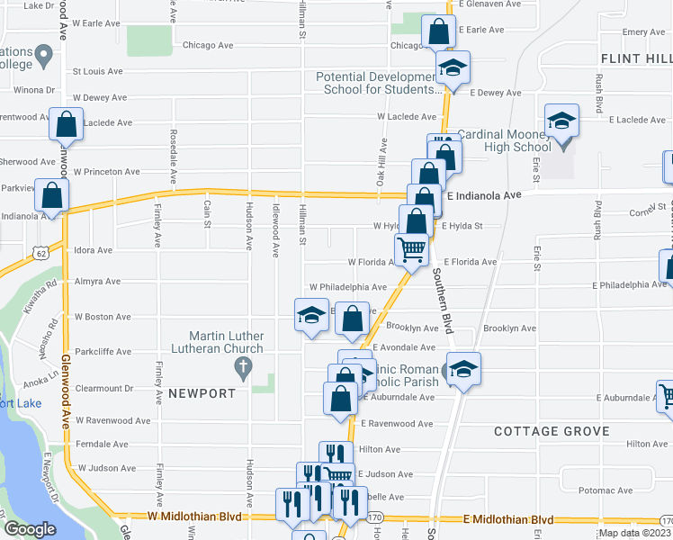 map of restaurants, bars, coffee shops, grocery stores, and more near 129 West Florida Avenue in Youngstown