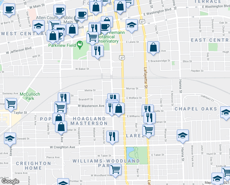 map of restaurants, bars, coffee shops, grocery stores, and more near 1717 South Calhoun Street in Fort Wayne