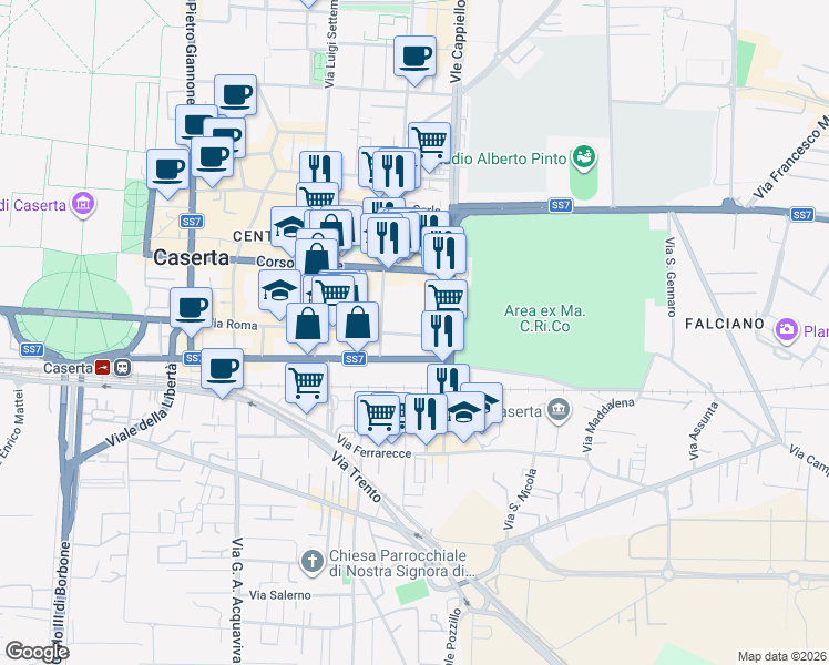 map of restaurants, bars, coffee shops, grocery stores, and more near 143 Via Roma in Caserta