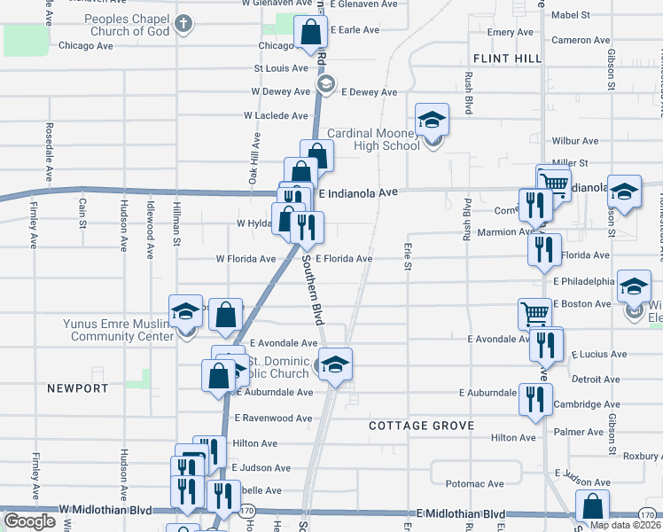 map of restaurants, bars, coffee shops, grocery stores, and more near 53 East Florida Avenue in Youngstown