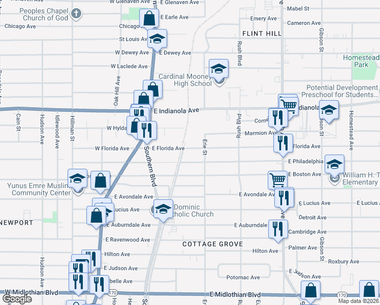 map of restaurants, bars, coffee shops, grocery stores, and more near 129 East Florida Avenue in Youngstown