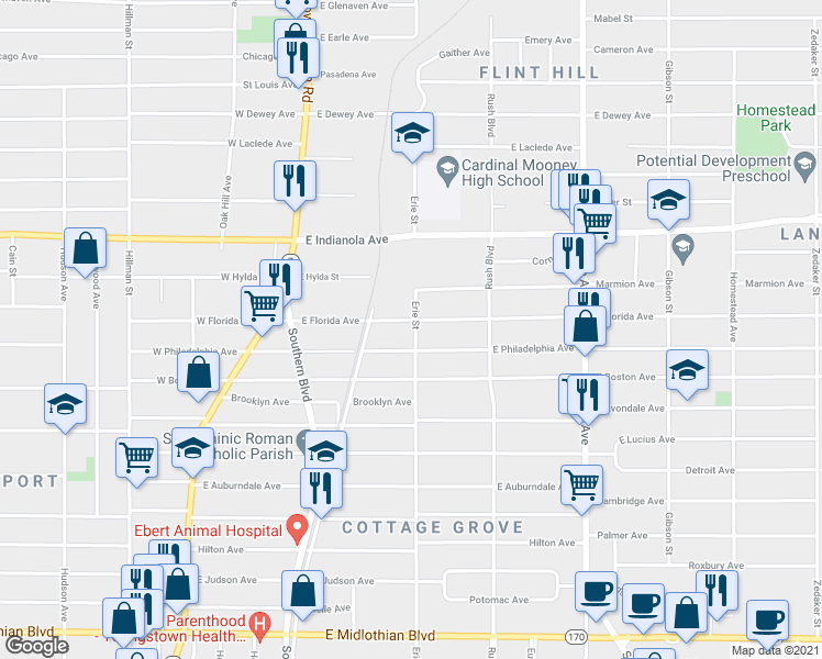 map of restaurants, bars, coffee shops, grocery stores, and more near 141 East Florida Avenue in Youngstown