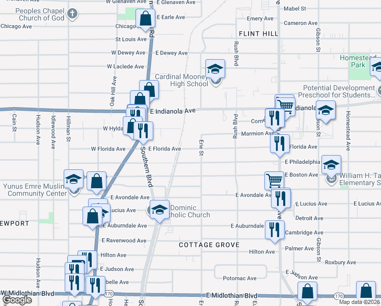map of restaurants, bars, coffee shops, grocery stores, and more near 129 East Florida Avenue in Youngstown