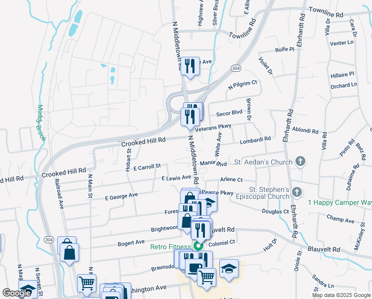 map of restaurants, bars, coffee shops, grocery stores, and more near 291 North Middletown Road in Pearl River