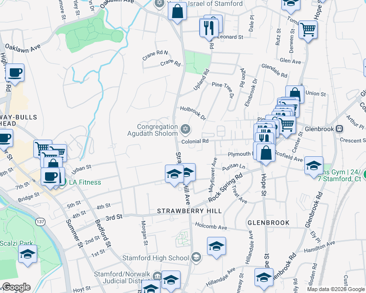 map of restaurants, bars, coffee shops, grocery stores, and more near 168 Colonial Road in Stamford